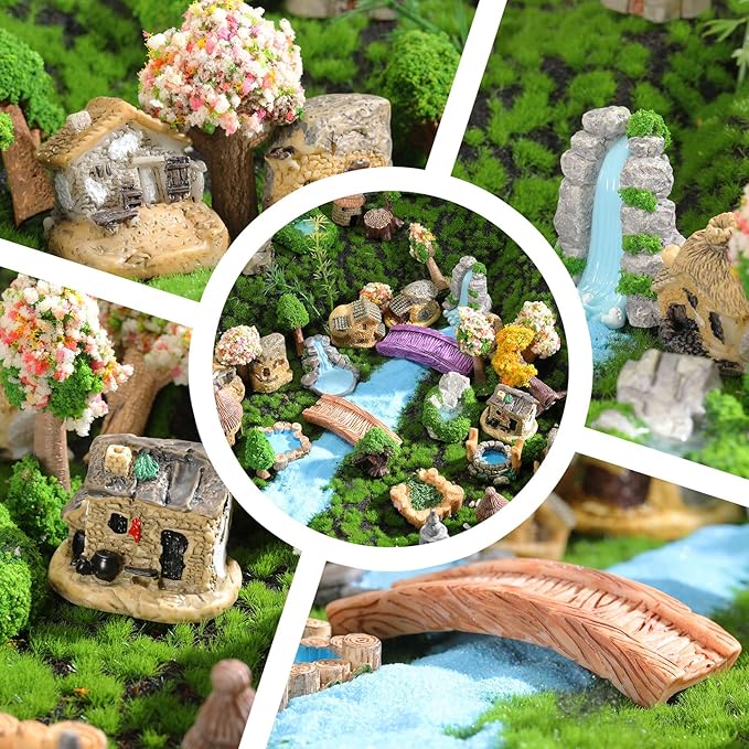 58 Pcs Miniature Garden Set Fairy House Bridge Rockery River Diorama Supplies Mini Terrarium Figurines Fairy Village Micro Landscape Ornament Model Trees for DIY Garden Decor Succulent Dollhouse Craft