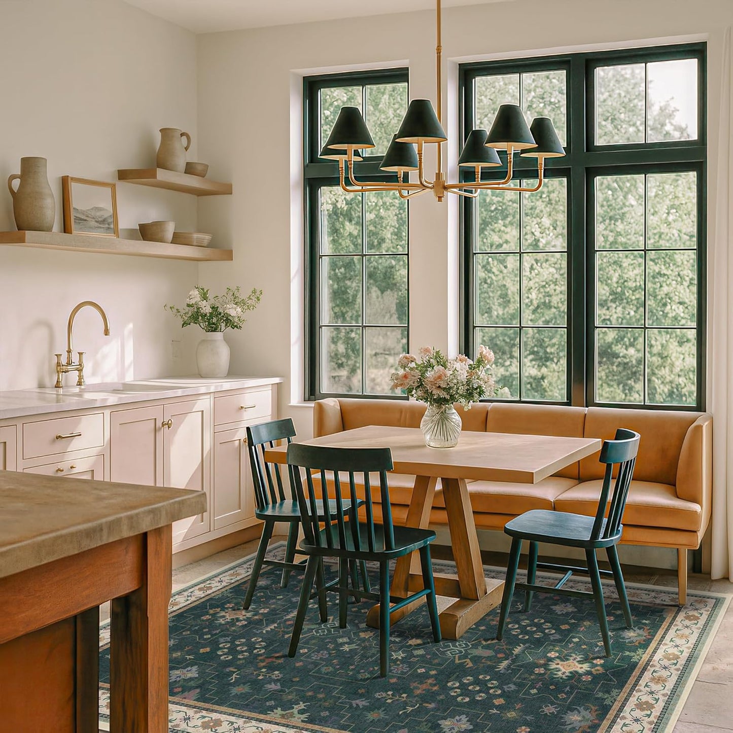 Dark Green Oushak 5x7 Living Room Rug - Modern Vintage Boho Eclectic Floral Pastel, Washable Low Pile Non-Slip Large Area Rugs for Nursery Dining Under Table Bedroom Lounge