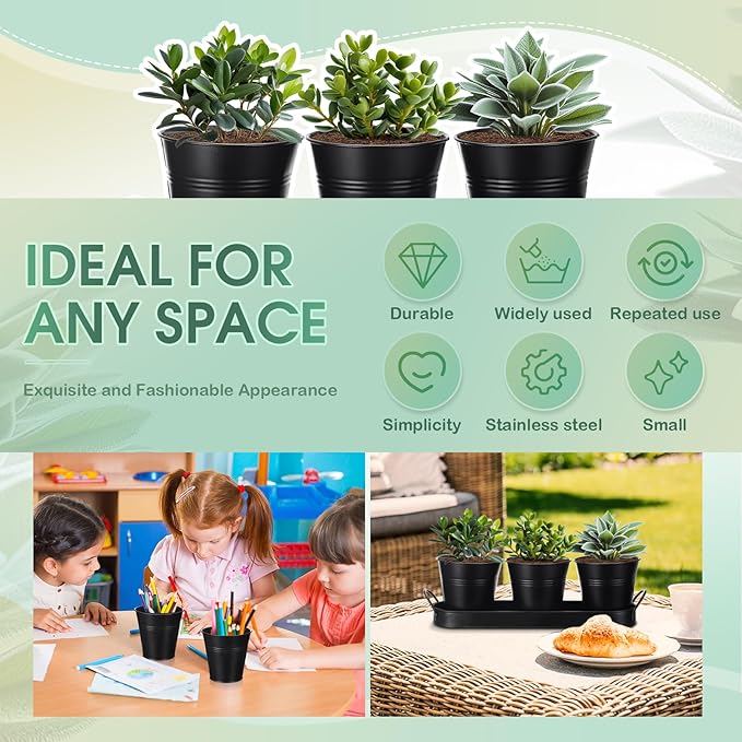 Hicarer 2 Sets Herb Planter with Tray Metal Herb Garden Planter with Drainage Farmhouse Windowsill Pots for Indoor Plants Flower Succulent Outdoor Kitchen Apartment Balcony Window (Black)