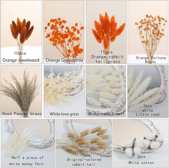 xin's convey DIY Autumn Natural Dried Flower Kit, Dried Flower Bouquets for Vase, Table Decorations(Orange)