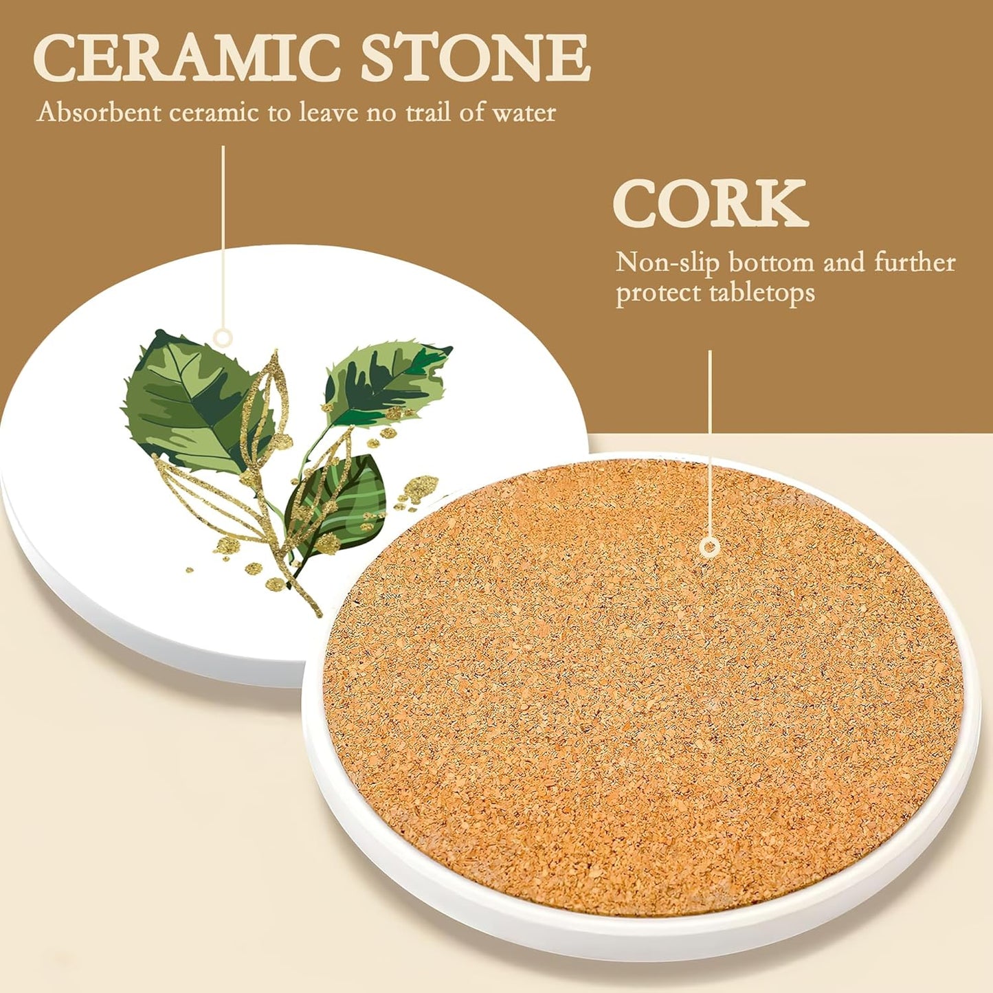 Coasters Set with Holder,Green Plants Absorbent Ceramic Coasters with Cork Base,Cute Funny Table Cup Mat 6 Pcs,Table Home Décor