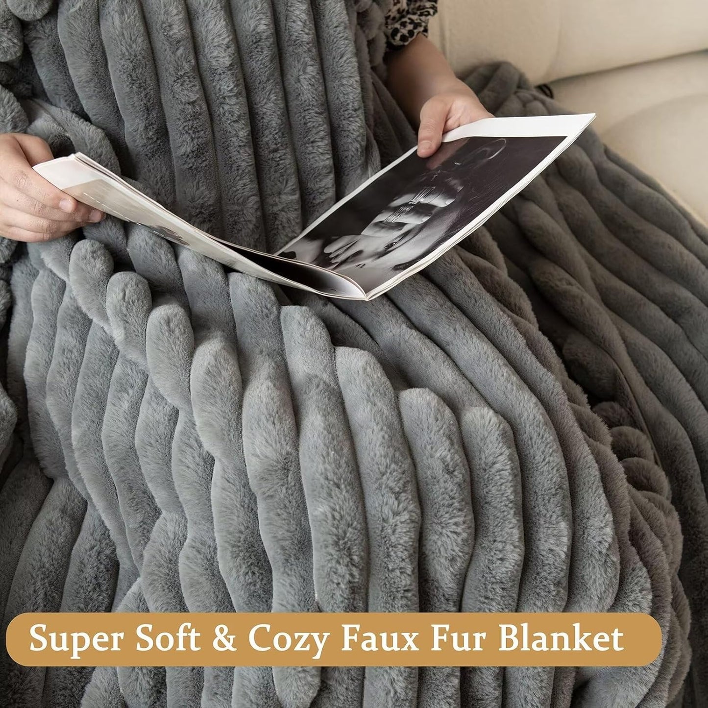 Grey Faux Fur Throw Blanket for Couch, Fuzzy Cozy Soft Warm Plush Striped Throw Blanket, Decorative Fluffy Winter Blanket for Sofa Chair Bed Living Room Home Decor, 50"x60"