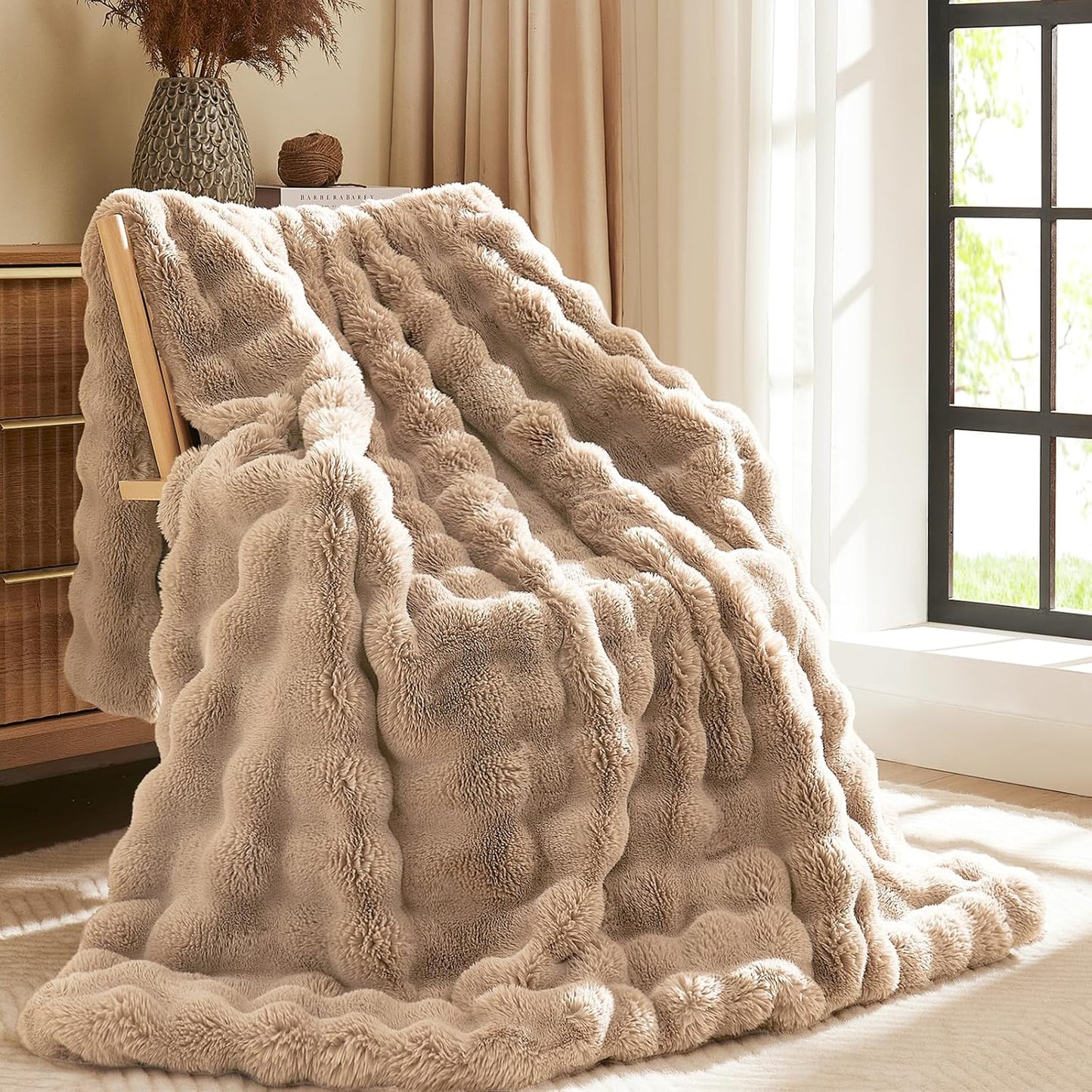 L'AGRATY Faux Fur Throw Blanket: 60" x 80" Luxury Soft Fluffy Rabbit Fur Blankets Twin for Couch Bed Sofa - Cozy Plush Bubble Blankets for Winter: Flannel Fleece Decorative Blanket(Light Linen)