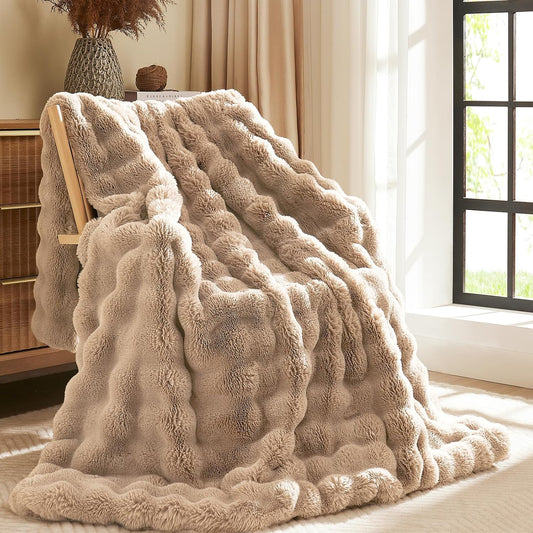 L'AGRATY Faux Fur Throw Blanket: 50" x 60" Luxury Soft Fluffy Rabbit Fur Blankets Twin for Couch Bed Sofa - Cozy Plush Bubble Blankets for Winter: Flannel Fleece Decorative Blanket(Light Linen)