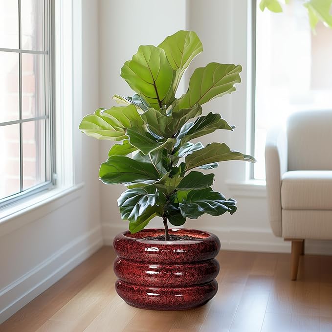 SQOWL Ceramic Planters for Indoor Plants - 13.5 Inch Plant Pot with Drainage Hole, Large Ceramic Flower Pots, Bubble Round Planter for Outdoor Plants, Room Home Office Decor, Gardening Gifts, Red