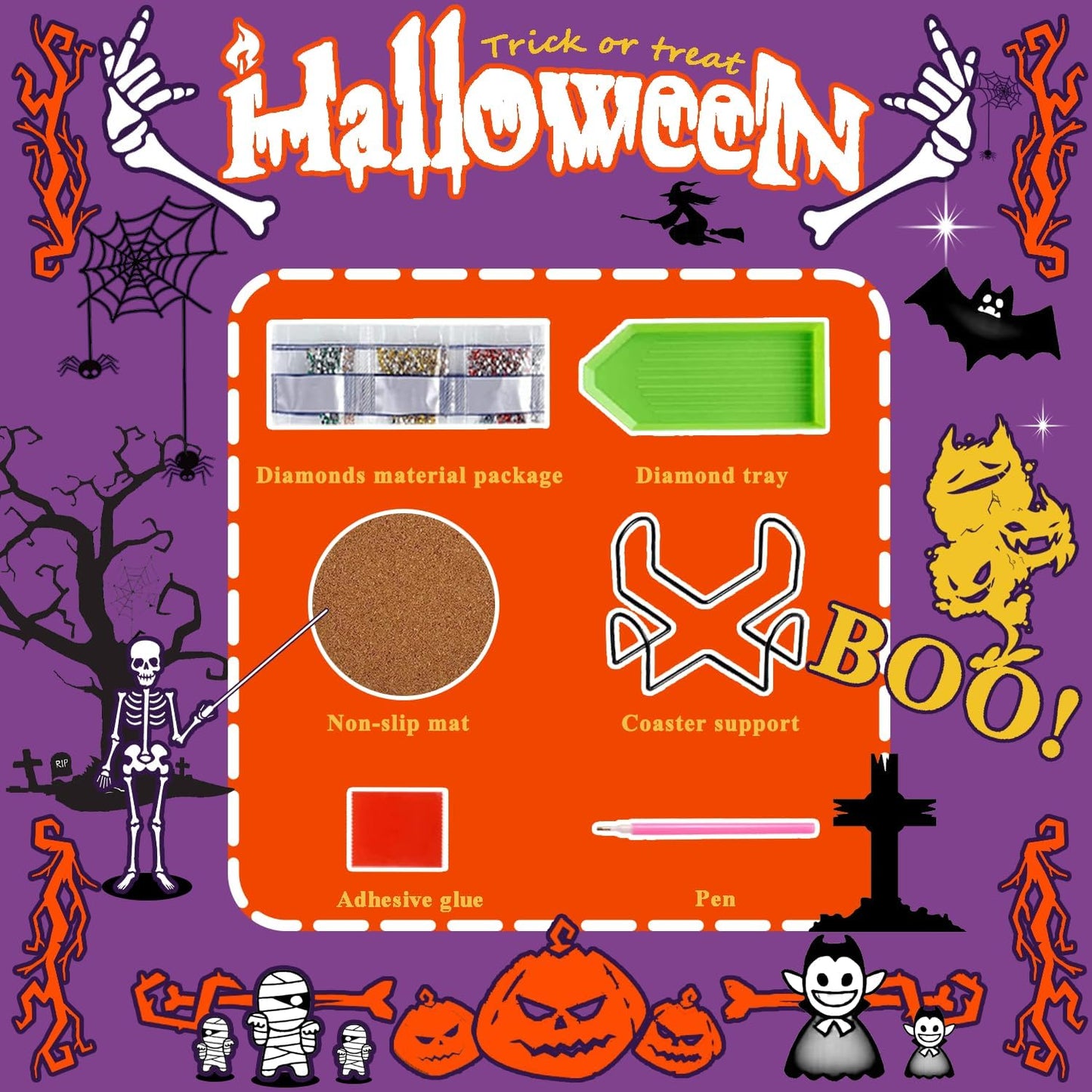 DOTSOPS Halloween Diamond Painting Coaster Set with Holder Diamond Art Kits for Adults Beginners and Kids Birthday Craft Supplies Party Fesstival Decor Set of 8