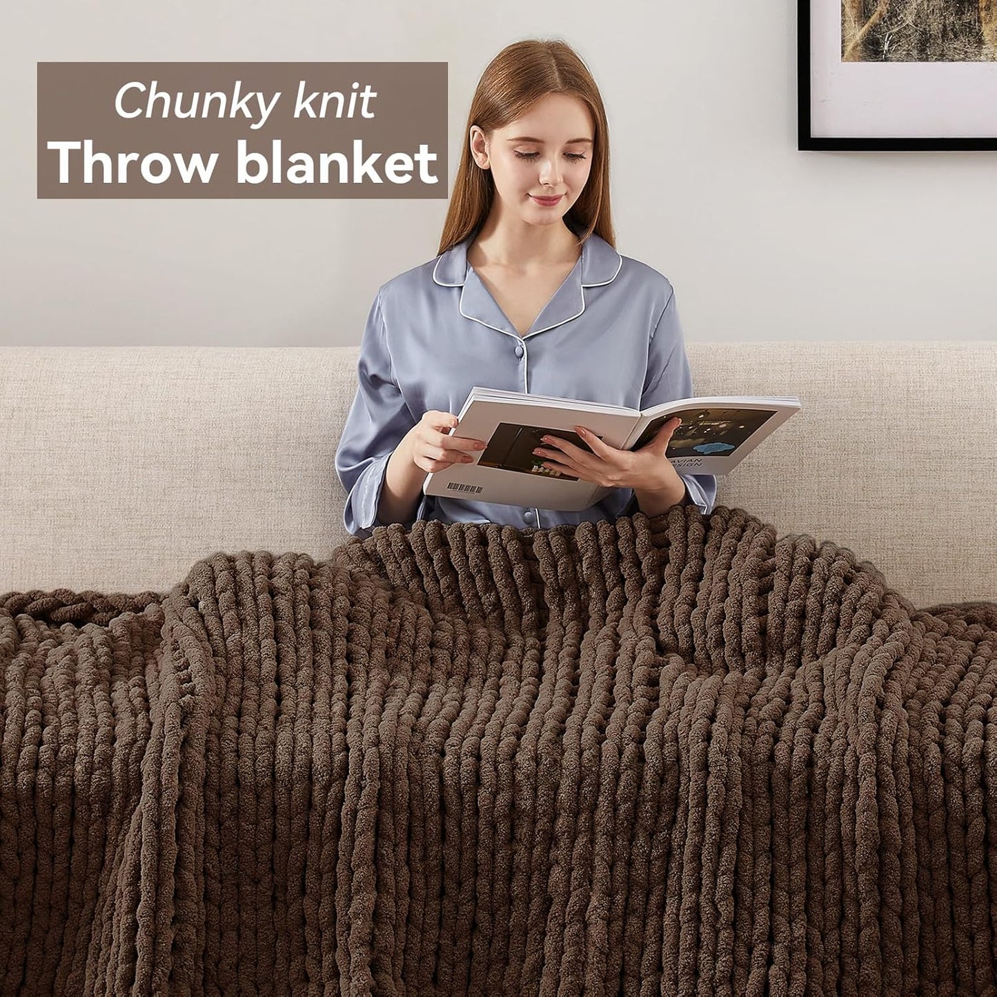 Chunky Knit Throw Blanket, 60''*80'' Knitted Throw Chenille Yarn for Bed Couch, Handmade Dark Brown Crochet Big Thick Blanket, Machine Washable Cute Comfy Blanket for Home Decor