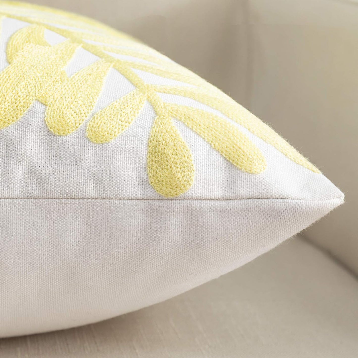 Embroidery Throw Pillow Covers 18x18 Floor Pillow Cover for Couch Bed Room Chair 100% Cotton Loop Embroidered Light Yellow Tropical Leaves Cushion Cover Square Pillow Case 45x45cm, 1 Piece