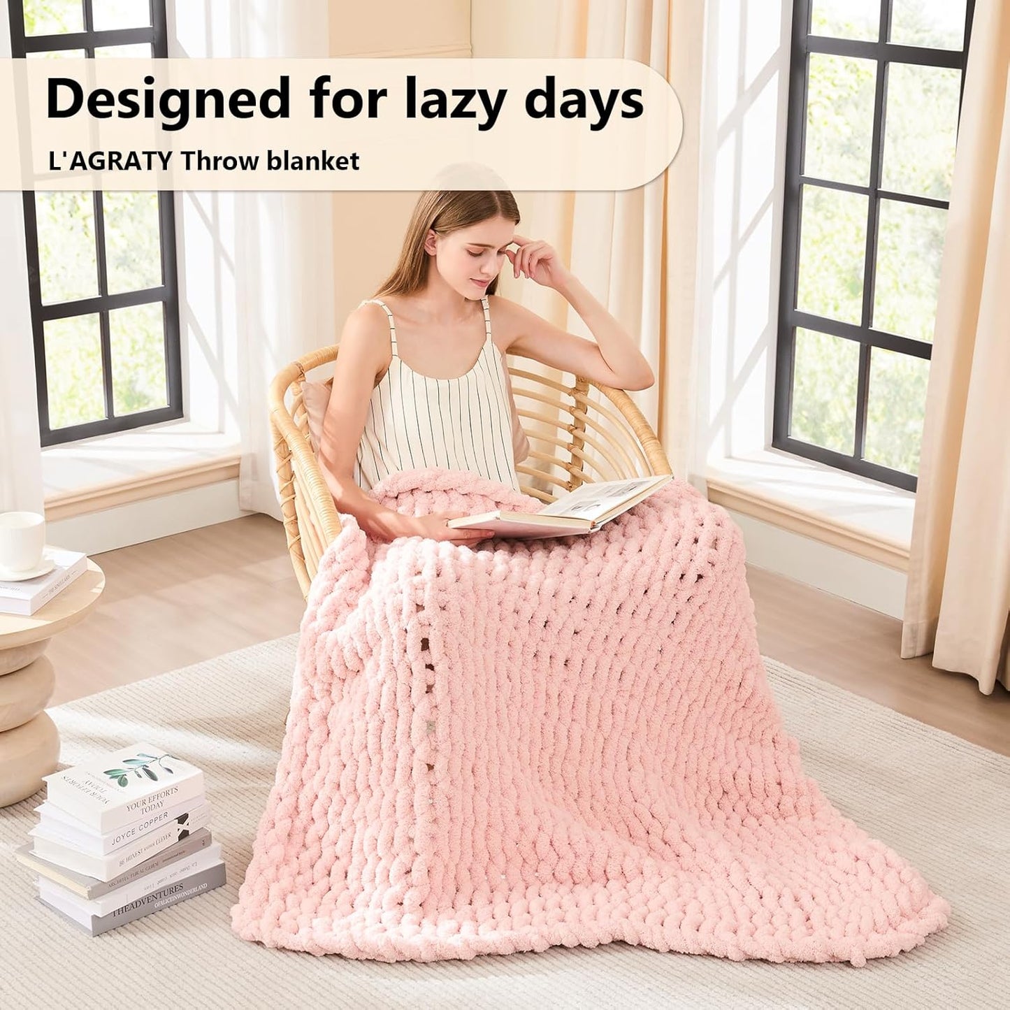 L'AGRATY Chunky Knit Blanket Throw - Soft Chenille Yarn Throw Blanket 40x50： Handmade Thick Cable Knit Crochet Blanke - Large Knit Blanket Chunky Rope Knot Throw Blanket for Couch Sofa Bed Home Decor