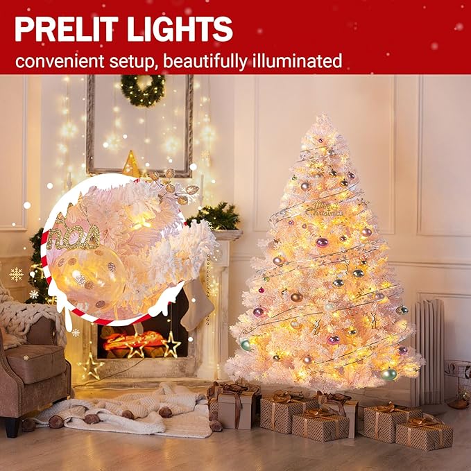4.5ft Prelit Pink Artificial Christmas Tree with 100 Warm White LED Light, Full Snow Flocked Xmas Tree Featuring 400 Realistic Branch, Easy Hinged Assembly for Home Office Party Decoration
