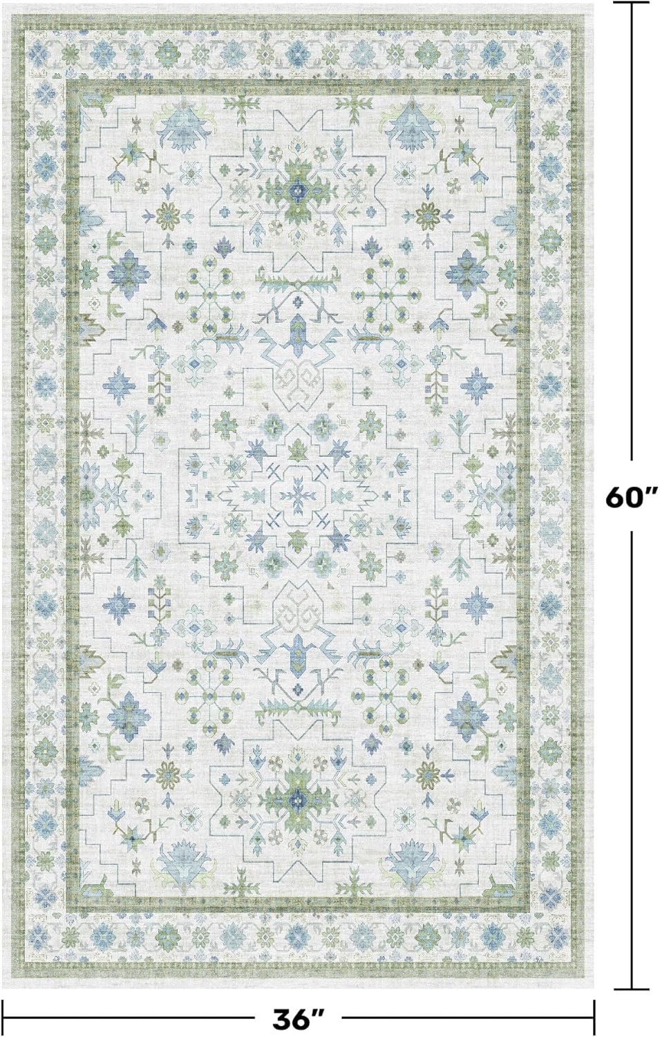 Blue and Green Washable Entryway Rugs 3x5 - Vintage Boho Floral Pastel Cream, Washable Low Pile Non Slip Small Throw Accent Area Rug for Door Mat Indoor Entrance, Kitchen, Bedroom Beside Bed Decor