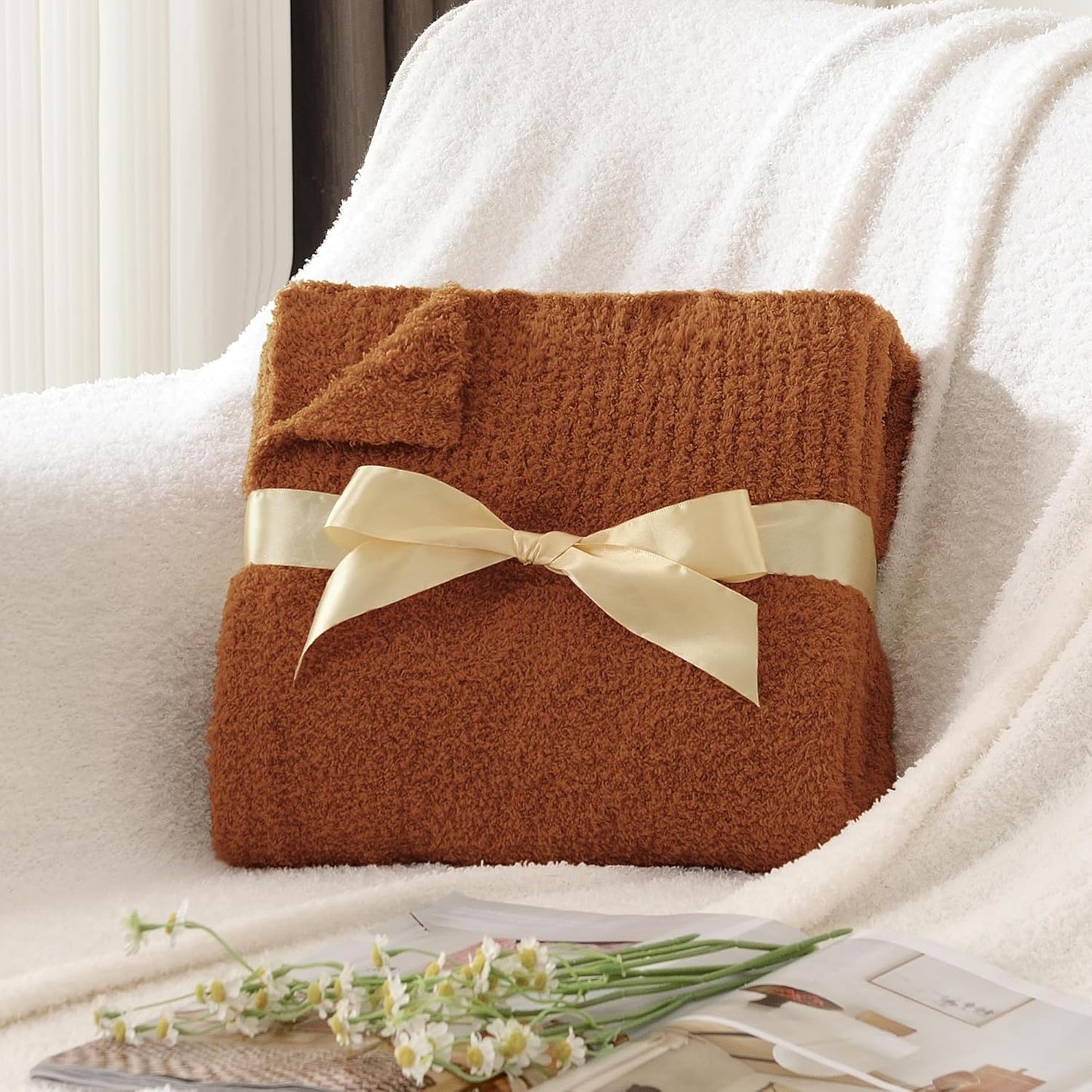 Knit Throw Blanket Super Soft Warm Blanket for Couch Lightweight Fluffy Blanket for Bed Sofa 50x60 Inches Rust