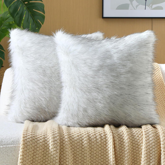FUTEI Black White Decorative Throw Pillow Covers 18x18 Inch Set of 2,Soft Fluffy Faux Fox Fur Textured Cushion Case,Modern Home Decor for Couch Living Room