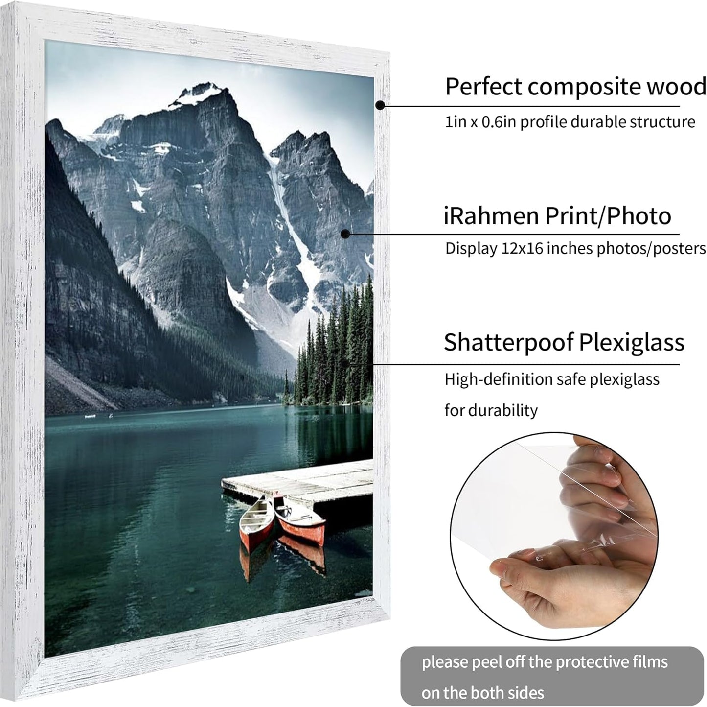 iRahmen 12x16 Picture Frame Set of 2 with Plexiglass, Distressed White Wood Poster Frames for Photo Gallery Wall Mounting Horizontal and Vertical