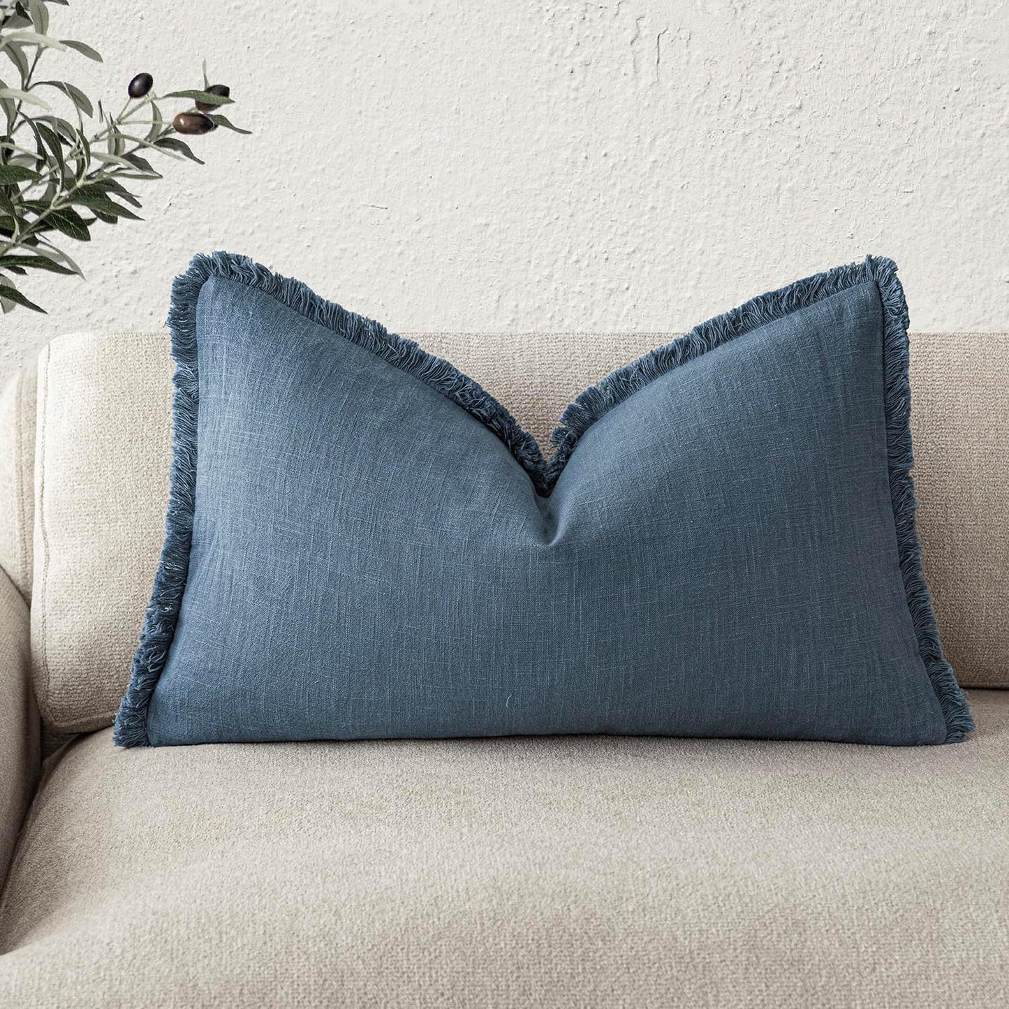 Foindtower Decorative Linen Fringe Lumbar Throw Pillow Covers Cozy Boho Farmhouse Cushion Cover with Tassel Accent Pillowcase for Sofa Bed Living Room Home Decor, 12×20 Inch,1PC,Dark Blue