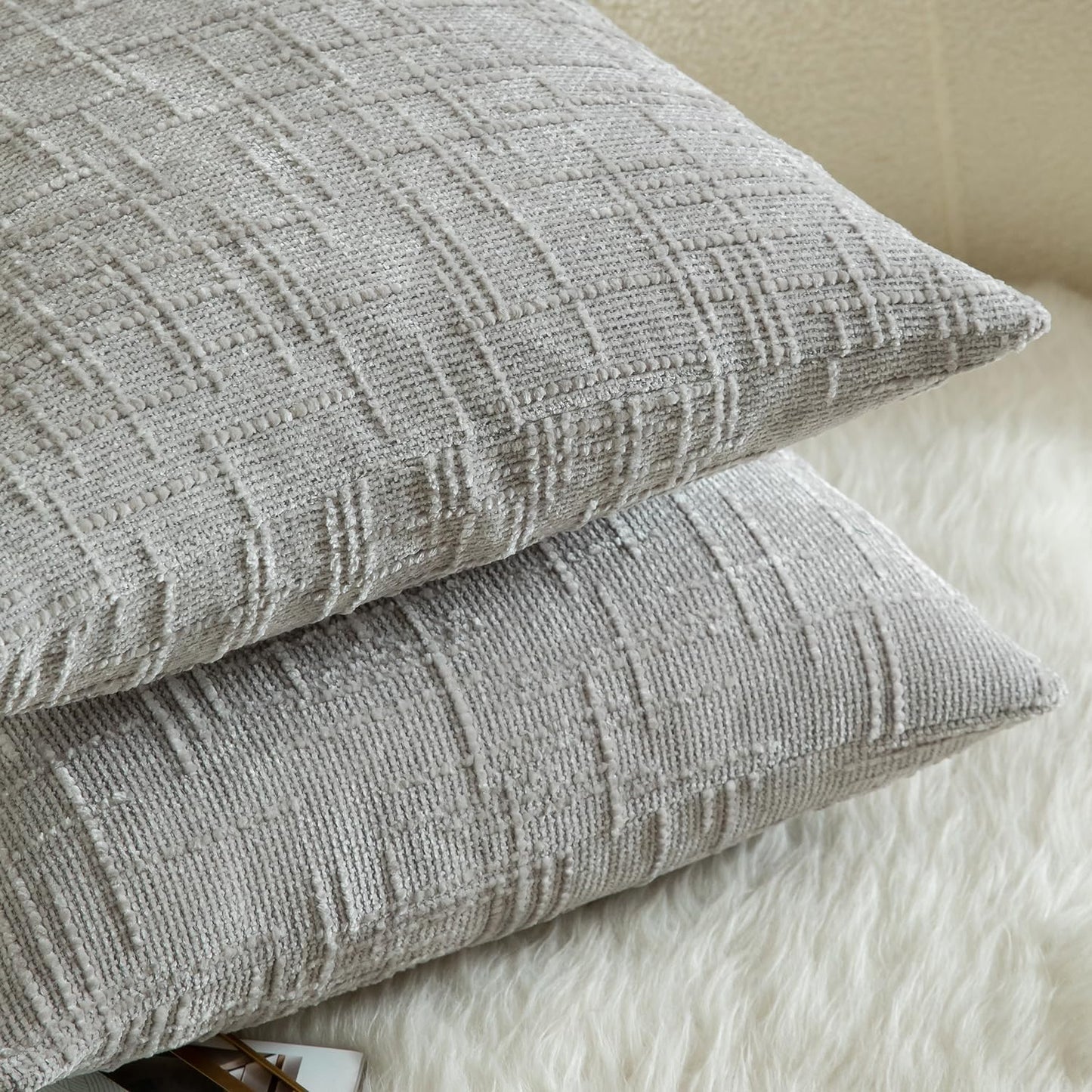 MANDIOO Pack of 2 Soft Chenille Textured Throw Pillow Covers Square Accent Solid Decorative Cushion Cover Cozy Farmhouse Pillow Case for Couch Sofa Bed Living Room 22x22 Inch Light Gray
