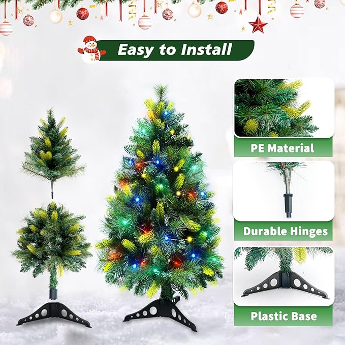 2 Pack 3.5 FT Artificial PE Fraser Fir Christmas Entrance Tree with 50 Multi Color Change Light 8 Mode Remote Control Realistic-Feel Xmas Tree Decor Battery Operated for Porch Front Door Home