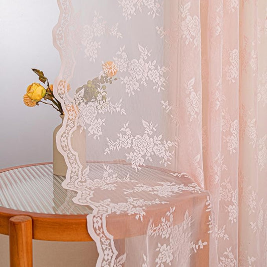 MEETSKY Pink Lace Sheer Curtains 84 Inches Long 2 Panels Set for Girls Room Bedroom Vintage Victorian French Elegant Window Voile Back Tab Rod Pocket Light Filtering Drapes, 50" Wide Each Panel