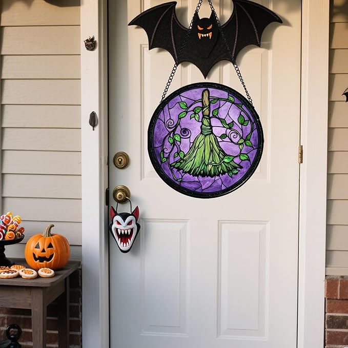 Stained Glass Window Hanging - Halloween Decorations Witch Magic Broom Suncatcher for Doors Garden Indoor Funny Spooky Sun Catchers Gothic Decor Horror Gifts for Women Men Friend 9.8 in