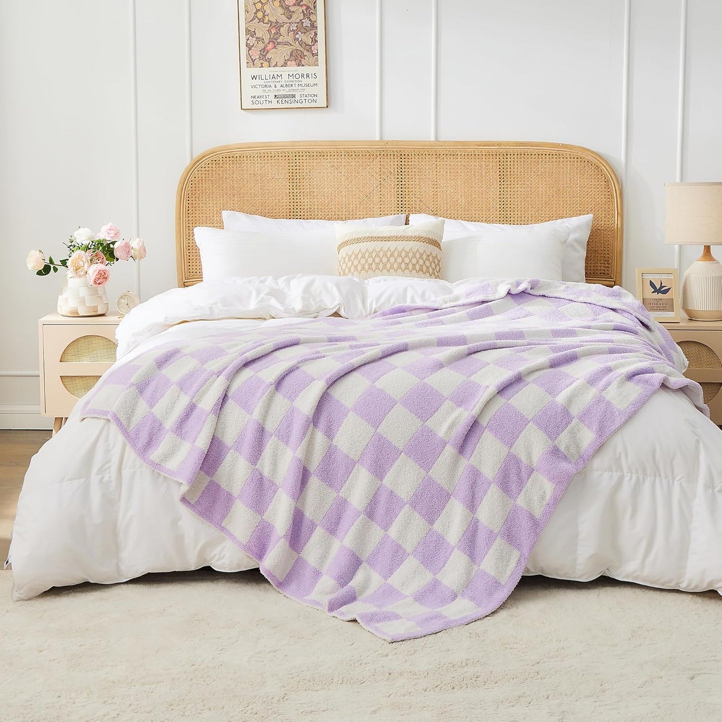 JOOJA Soft Cozy Checkerboard Lilac Blanket - Fluffy Knit Throw Blanket for Couch - Plaid Checkered - 60x80 in