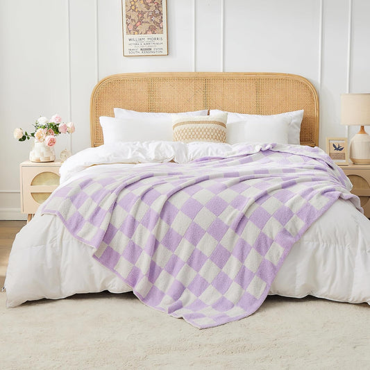 JOOJA Soft Cozy Checkerboard Lilac Blanket - Fluffy Knit Throw Blanket for Couch - Plaid Checkered - 60x80 in