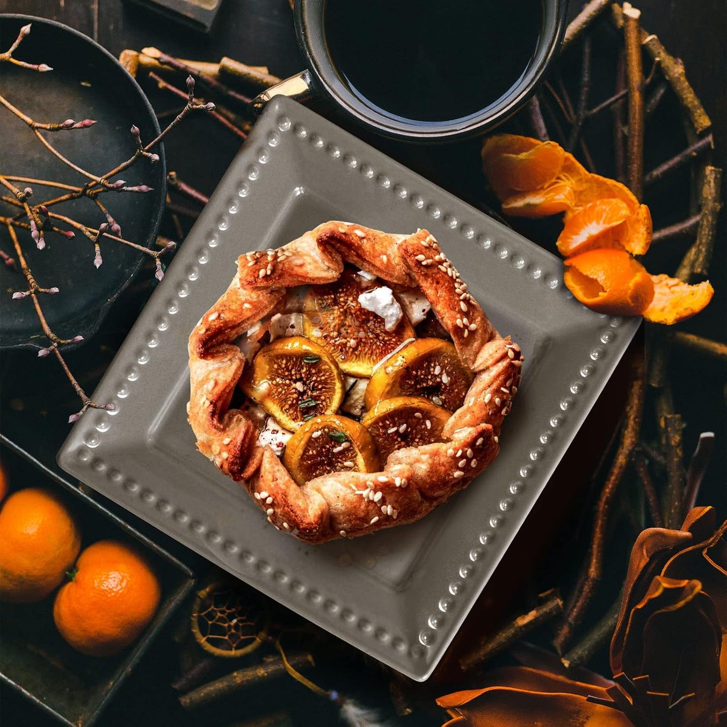 Embossed Appetizer and Dessert Plates, Set of 4, 6 inch Grey Square Dinner Plates for Snack and Restaurant, Dishwasher, Microwave Safe