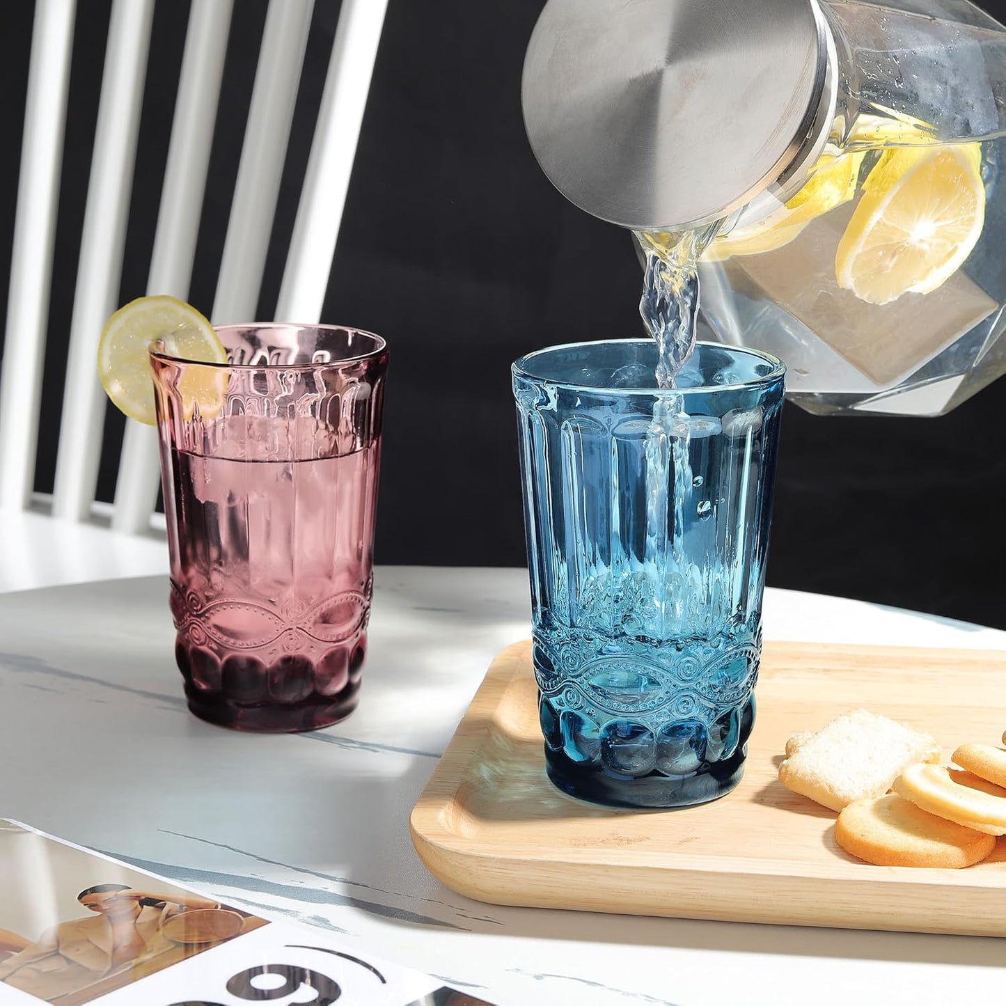 Joeyan Vintage Drinking Glasses Set of 4, 14oz Highball Glass Water Tumbler with Embossed Serpentine Pattern, Colored Tall Glassware Beverages Cups for Christmas Wedding Party Banquet, Multicolor