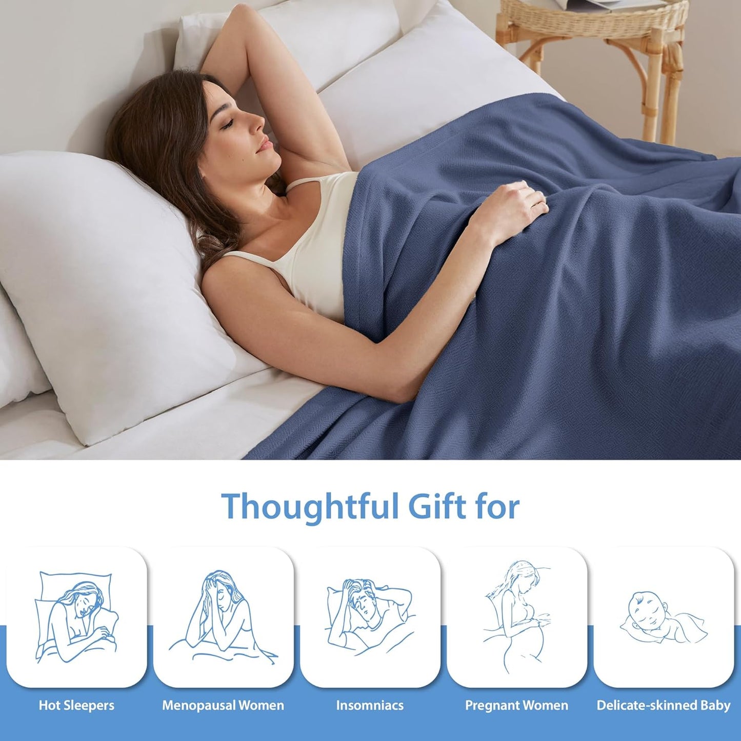 King Size Blanket, 70% Rayon (Derived from Bamboo) and 30% Cotton, Lightweight Jacquard Weave, Breathable and Soft Summer Blanket for Bed or Couch, 108” x 90”, Navy