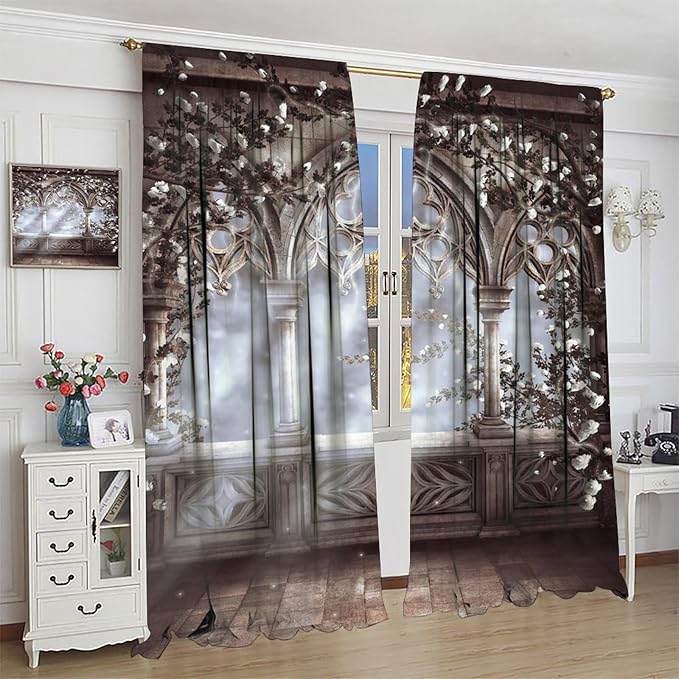 Vintage Castle Blackout Curtains，Gothic Style Romantic Mid-Century Pattern Drapes Window 2 Panel Rod Pocket Curtain for Bedroom Living Room Decor 31.5" W X 72" L