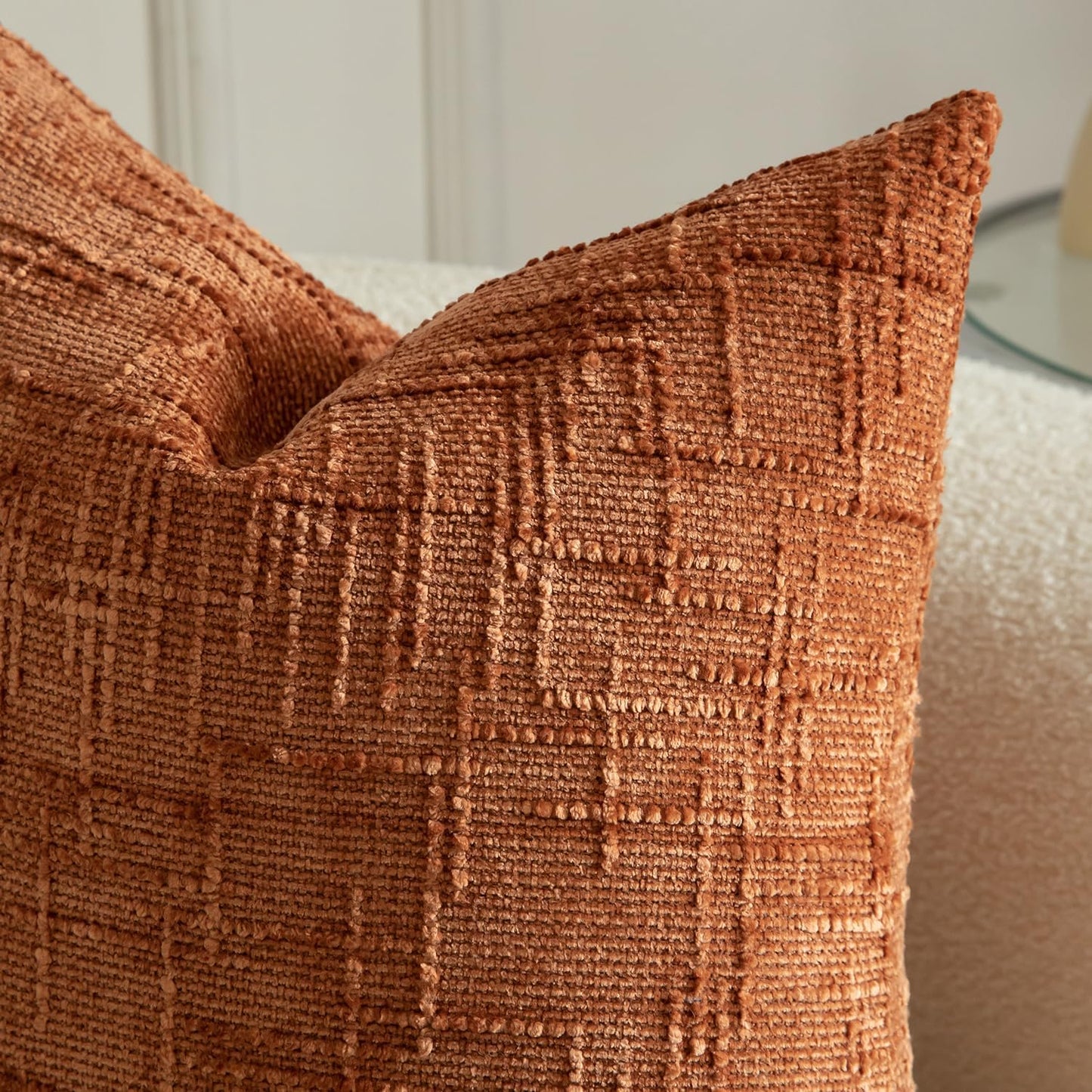 MANDIOO Pack of 2 Soft Chenille Textured Throw Pillow Covers Square Accent Solid Decorative Cushion Cover Cozy Farmhouse Pillow Case for Couch Sofa Bed Living Room 20x20 Inch Burnt Brick