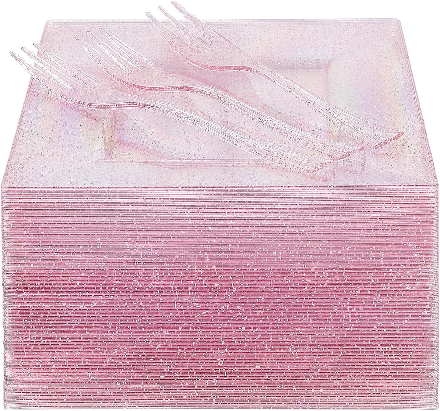 DaYammi 100Pcs Pink Dessert Plates Including 50Pcs Appetizer Plates,50Pcs Plastic Forks,Glitter Square Plate with Cake Fork,pink Disposable plates for Wedding,Plastic Salad Plate for Birthday Party