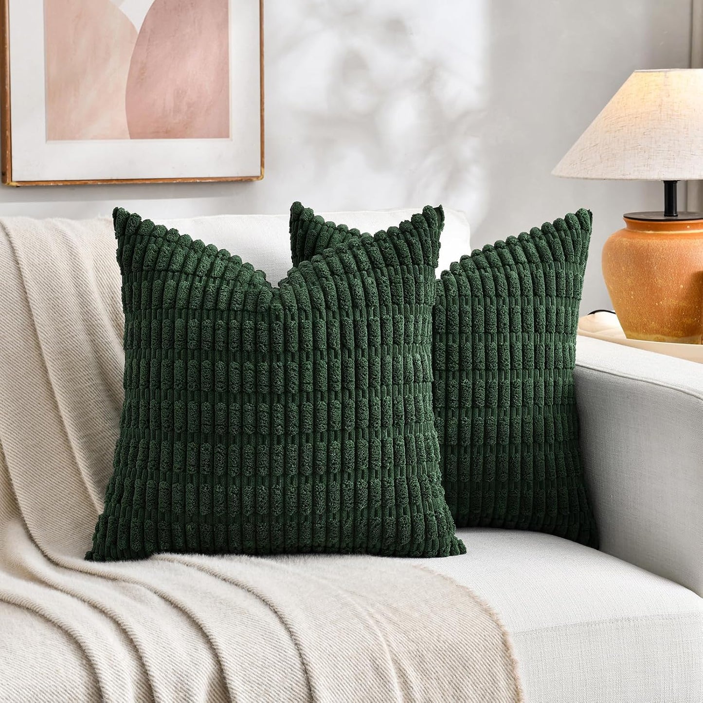 Fancy Homi Set of 4 Green Boho Spring Decorative Throw Pillow Covers 24x24 Inch for Couch Bed Sofa, Aesthetic Modern Bohemian Room Decor, Soft Fuzzy Fluffy Cozy Corduroy Cushion Case 60x60cm