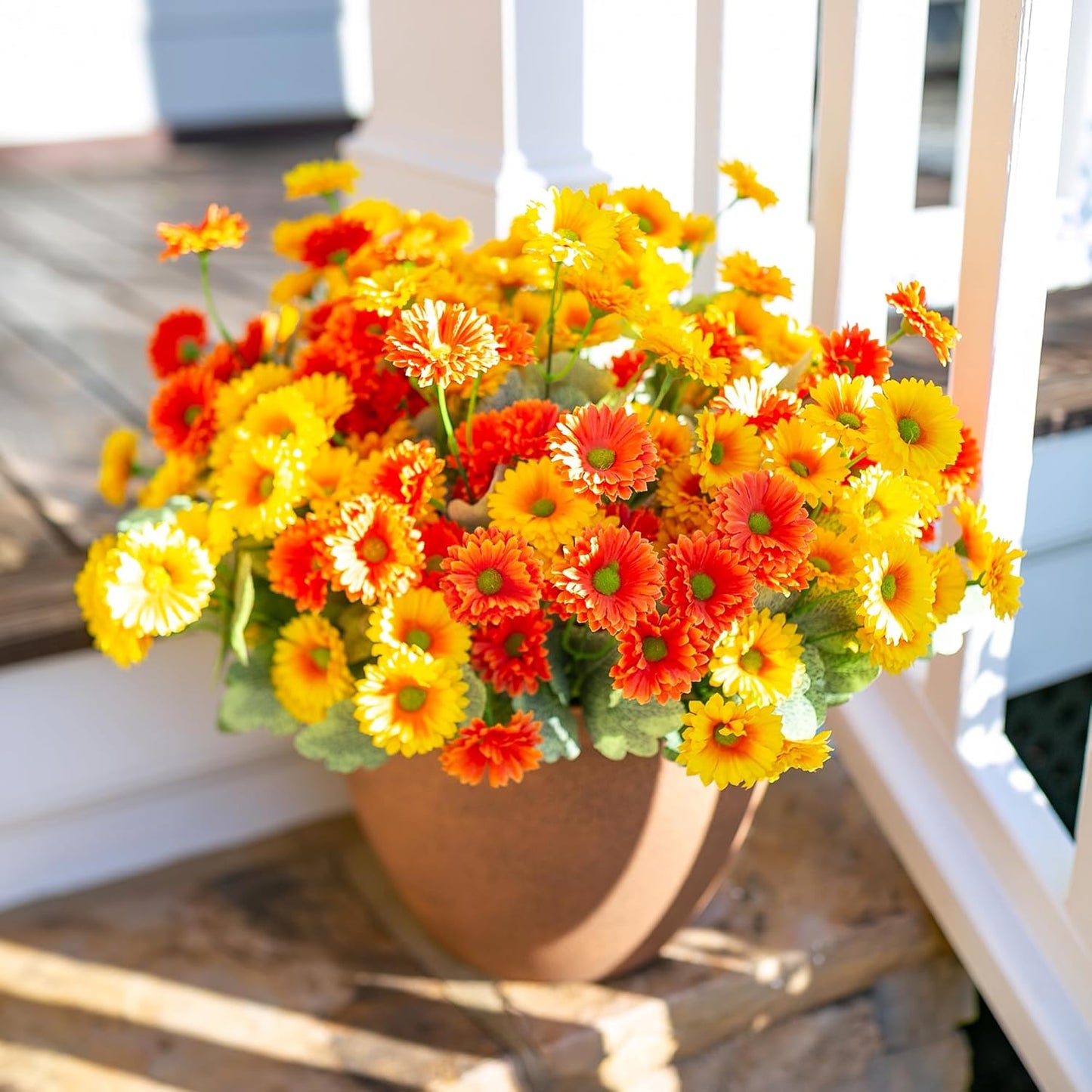 HyeFlora Dahlia Artificial Fall Flowers for Outdoors Autumn Decoration, 6 Bundles Fake Mums Faux Flowers Plants Realistic UV Resistant Silk Flowers for Outside Planter Yard Garden Home, Orange Yellow