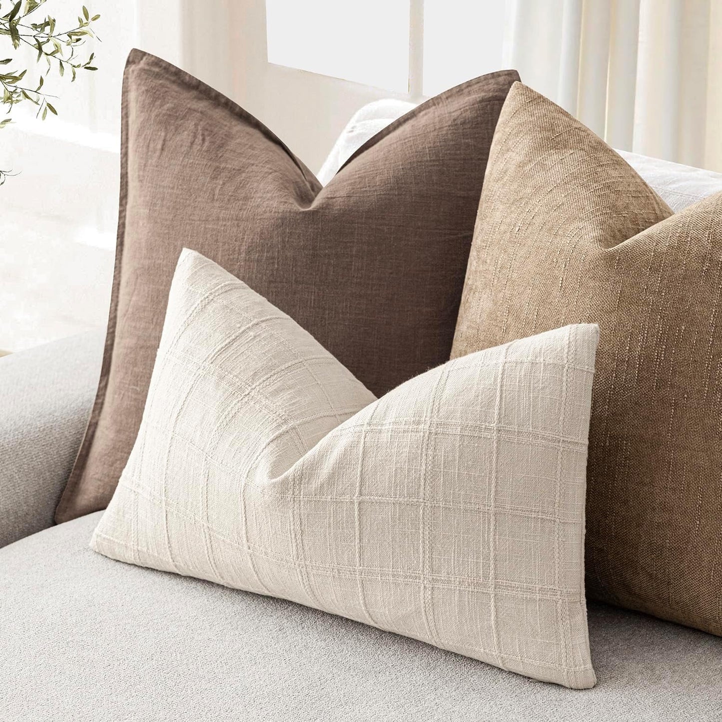 Foindtower Set of 2 Decorative Linen Check Throw Pillow Covers Neutral Farmhouse Lumbar Cushion Covers Modern Boho Home Decor for Sofa Chair Couch Bedroom Living Room,12×20 Inch,Natural Beige