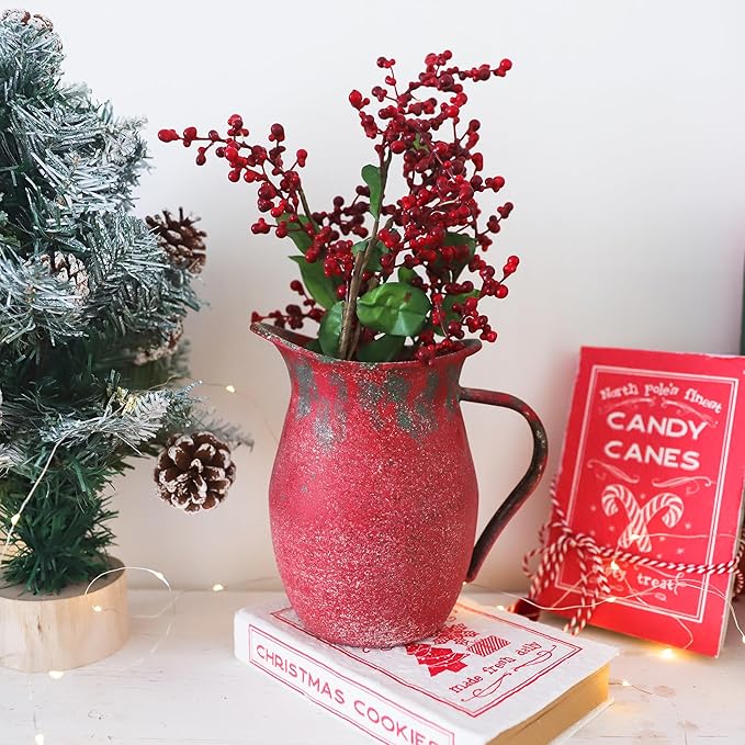 BIG FORTUNE Decorative Pitcher Vase Large Rustic Farmhouse Vase for Flowers Vintage Metal Milk Jug Vintage Decorative Pitcher Kitchen Decorations (Red)