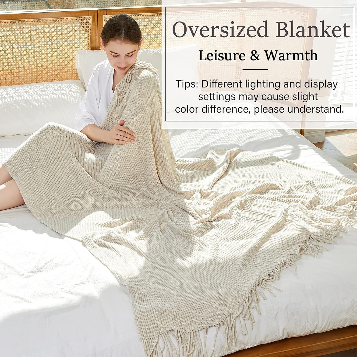 Blagic Knitted Throw Blanket for Couch Soft Farmhouse Boho Throw Blanket with Tassels Home Decorative Lightweight Throw Blankets,Cream White Throws for Bed/Chair/Sofa, Stripe Textured, 60" W x 80" L