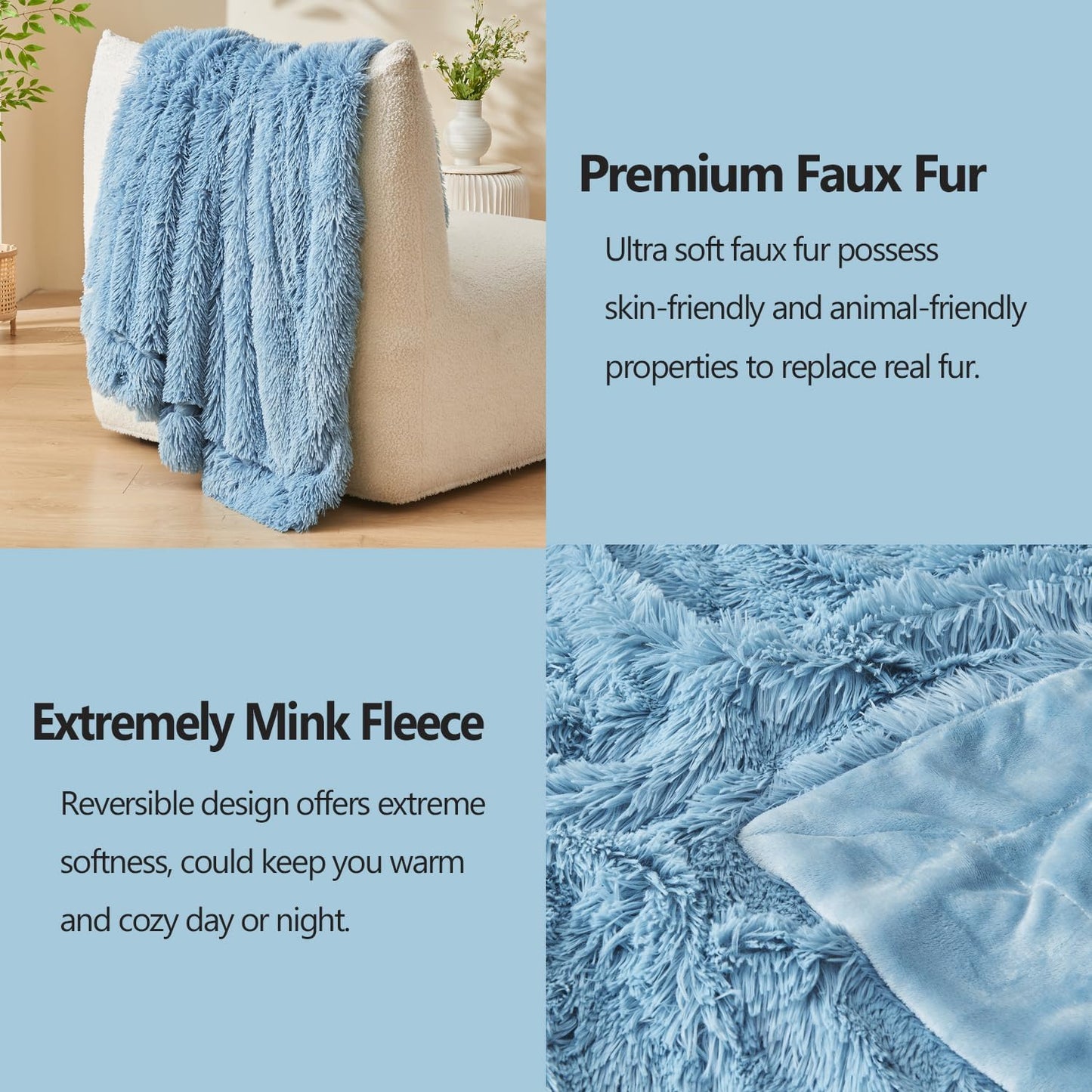 GONAAP Fuzzy Faux Fur Throw Blanket Light Blue Super Soft Cozy Plush Fuzzy Shaggy Blanket for Couch Sofa Bed (Light Blue, Throw(50"x60"))