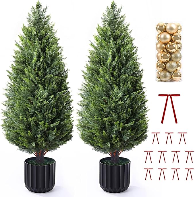 3FT Artificial Topiary Cedar Trees 2 Pack, Lush Thick Greenery UV Rated Artificial Plants for Outdoor Planters Decor, Realistic Fake Trees Indoor Garden