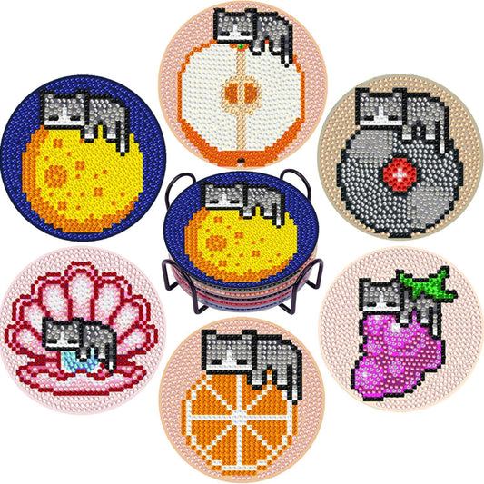 EWJRNSF 6 PCS Small Diamond Art Coasters Kits, Diamond Painting Coasters, Fall Diamond Art Kits for Adults Beginners, Arts and Crafts Item Sets with Holder for Drinks. Cat