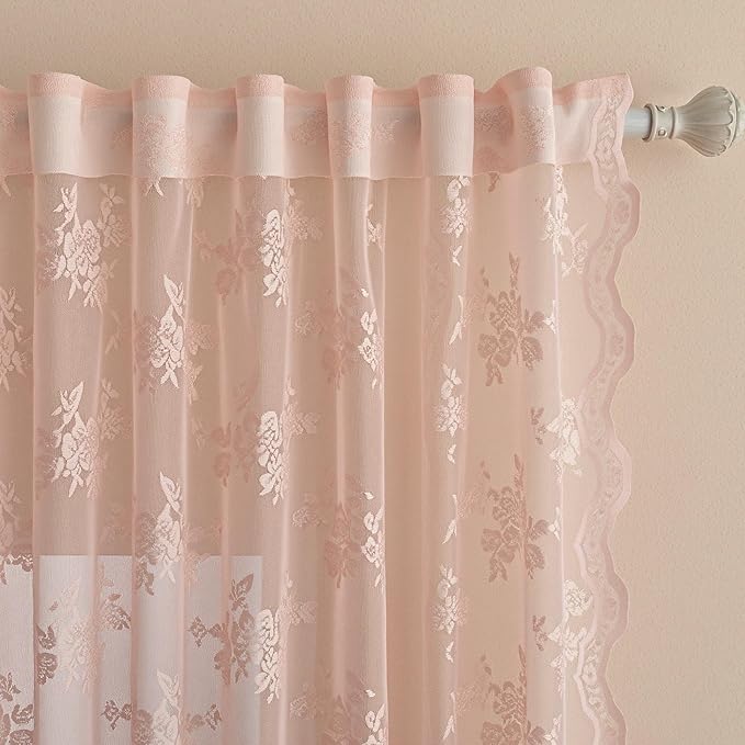 MEETSKY Pink Lace Curtains 96 Inch Length Set of 2 Vintage Victorian French Pretty Elegant for Girls Room Light Filtering Privacy Protect Back Tab Rod Pocket Sheer Drapes, 50"W Each Panel, Light Pink