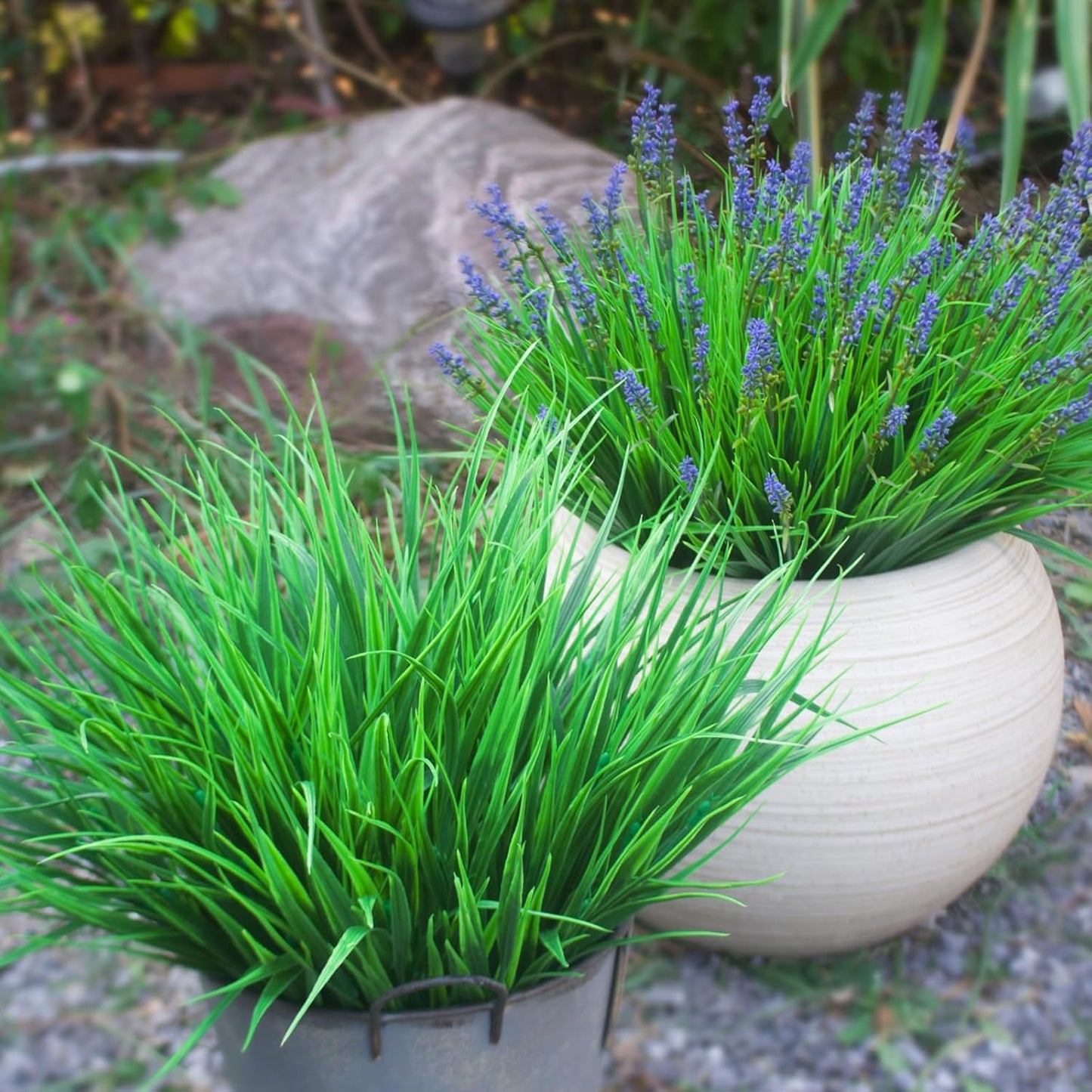 Faux Outdoor Plants 12 Bundles Artificial Boxwood Shrubs Grass Fake Greenery Green Plastic Leaf for Groud Planter Front Porch Patio Decor (12 Bundles Green Grass Plants)