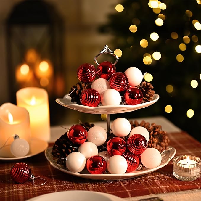 Valery Madelyn 1.57 Inches Small Christmas Tree Decorations Ornament Set for Fall Halloween, 24ct Red and White Shatterproof Hanging Ball Ornaments Holiday Party Decor