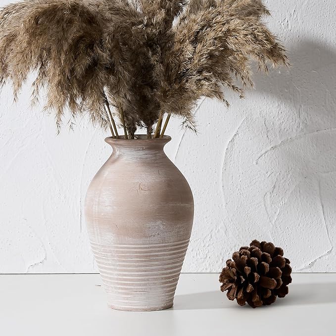 LUKA Ceramic Rustic Farmhouse Vase, 9.2 inch Whitewashed Terracotta Vase, Pottery Decorative Flower Vases,Clay Decorative Vases for Home Decor, Table, Living Room, Shelf, Mantel Decoration