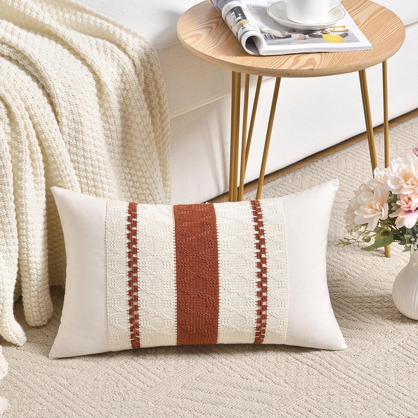 Fancy Homi Set of 2 Rust Boho Lumbar Decorative Throw Pillow Cover 12x20 Inch for Couch Bed Sofa, Aesthetic Modern Organic Fall Room Decor, Soft Cotton Cute Terracotta Farmhouse Cushion Case