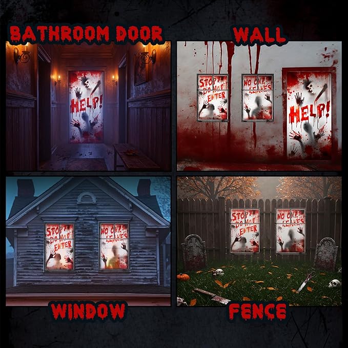 Tioncy 3 Pcs Halloween Window Door Covers Decorations Set Scary Halloween Haunted Window Curtains Zombie Hands Pattern Banner Porch Indoor Outdoor Decoration