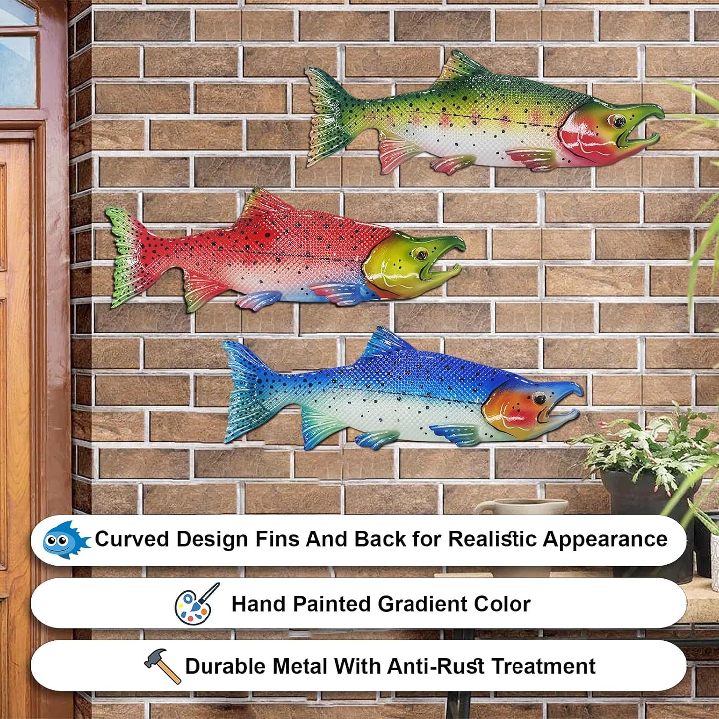 Metal Fish Wall Decor Outdoor Colorful Fish Coastal Ocean Sea Wall Art Sculptures Hanging Decorations for Bedroom, Living Room, Garden, Fence, Patio Set of 3