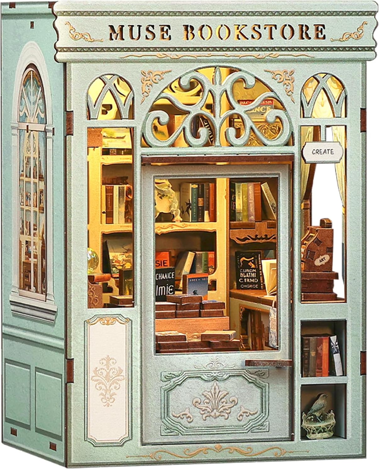 Cutefun Book Nook Kit - DIY Miniature Dollhouse Kit 3D Creative Decorative Bookend 3D Wooden Puzzle for Adults, Bookshelf Insert Library Decor with LED Light (Muse Bookstore)