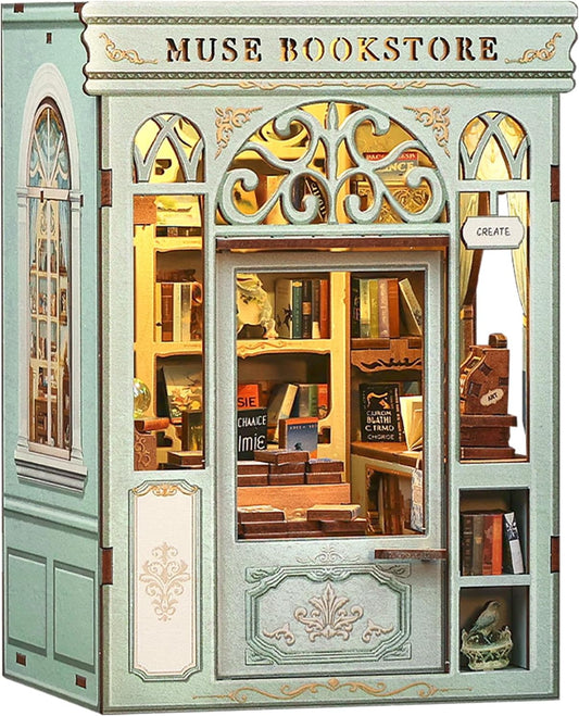Cutefun Book Nook Kit - DIY Miniature Dollhouse Kit 3D Creative Decorative Bookend 3D Wooden Puzzle for Adults, Bookshelf Insert Library Decor with LED Light (Muse Bookstore)