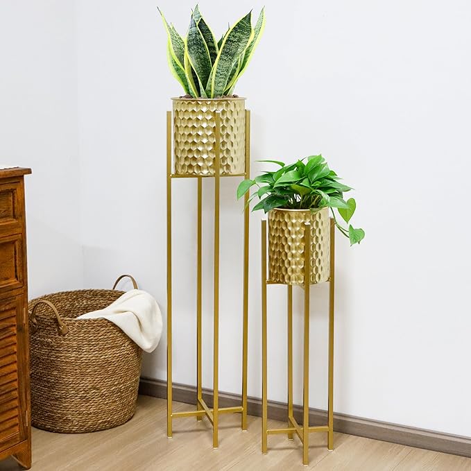 TRIROCKS Set of 2 Planters with Stand Indoor Outdoor Metal Gold Planters for Indoor Plants 30 &40" Tall Morden Planters Flower Pots for Living Room Corner Kitchen Office Garden Balcony Patio Decor