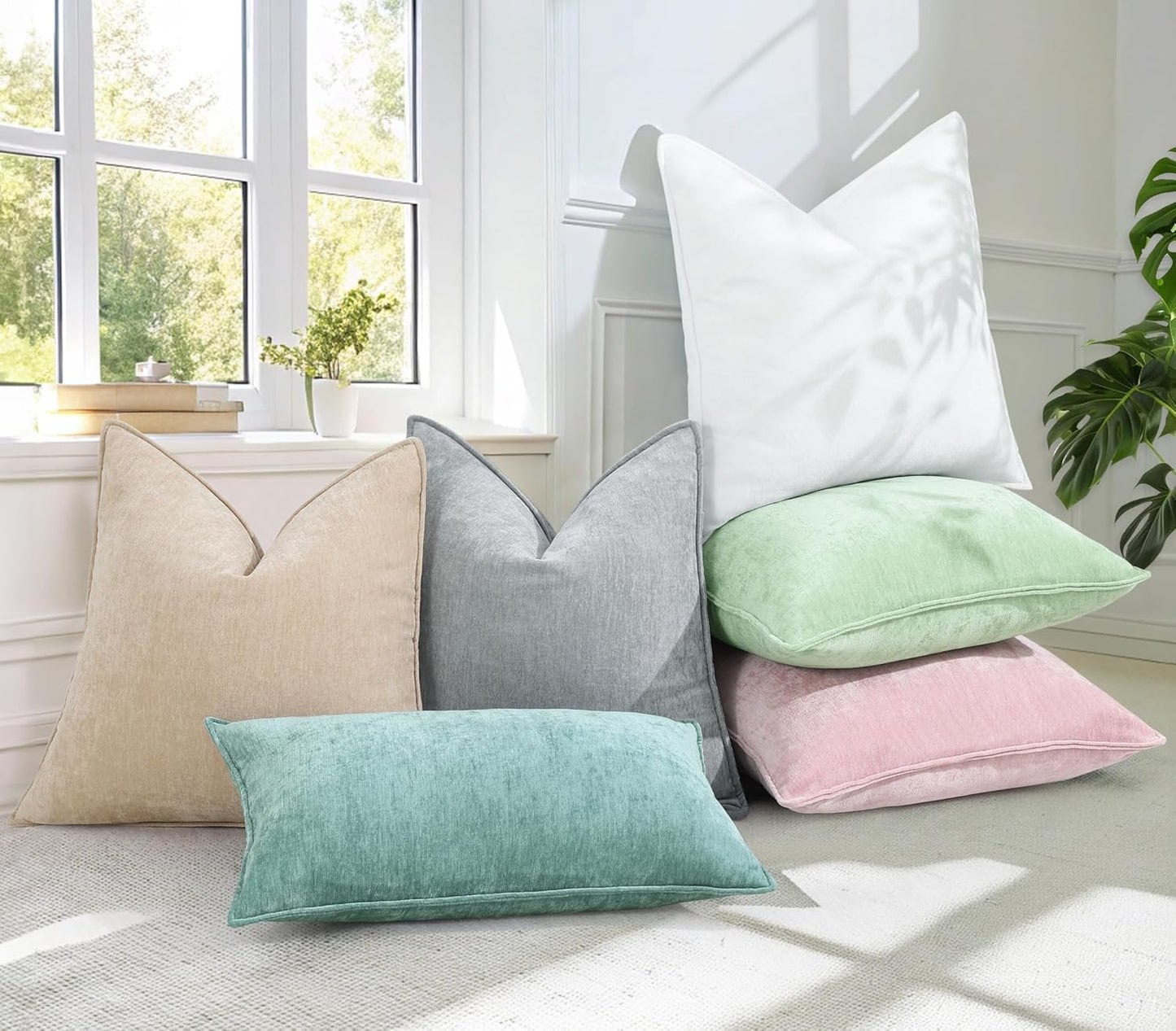 decorUhome Couch Throw Pillow Covers 16x16 Set of 2, Decorative Soft Euro Neutral Chenille Pillow Covers with Elegant Design for Sofa Bed Living Room Home Decor, Beige